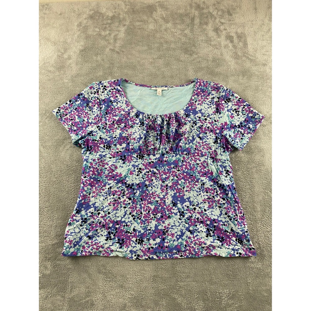 JM‎ Collection Womens XL Purple Teal Abstract Floral Ruffle Scoop Neck Knit Top